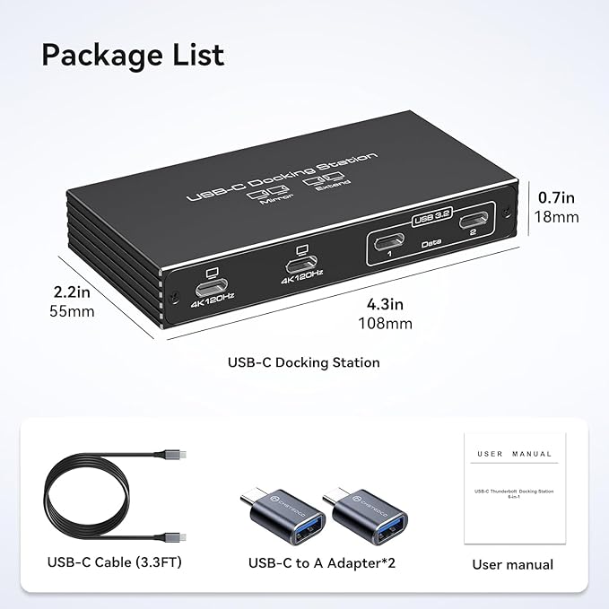 4K120Hz USB C Splitter Dual Monitor Adapter Thunderbolt Splitter 6-in-1 USB C Hub with DP Alt Mode Video Output, 10Gbps Data Transfer 100W PD Charging for Laptop Portable Monitor (Deep Black)