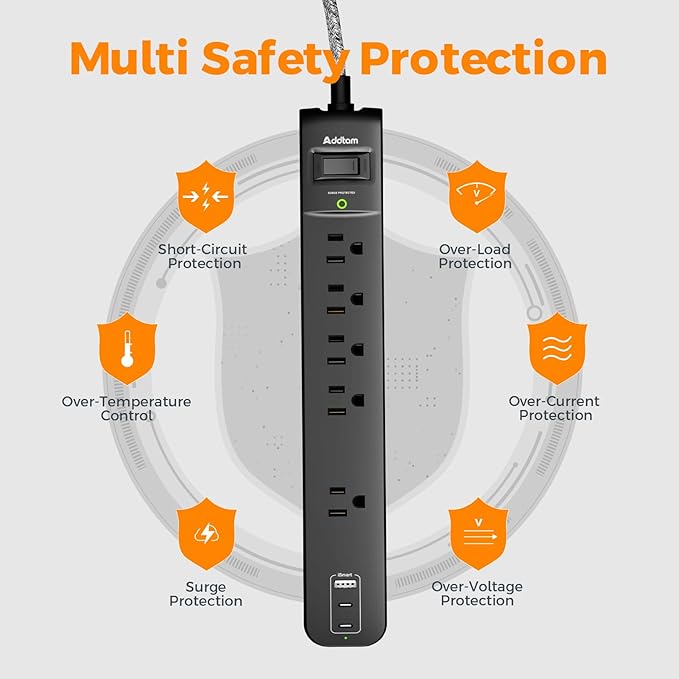 2 Pack Long Surge Protector Power Strip - 25ft Extension Cord with 5 Widely 3 USB (2 USB-C) Ports, Flat Plug, Desktop Charging Station for Home Office College Dorm Room Essentials