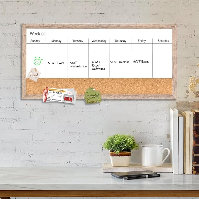 Magnetic Weekly Dry Erase White Board and Cork Board,Rustic Brown Wood Frame,Magnetic Surface Whiteboard for Home Office and Wall Decor(ZHZL-3060QZ)