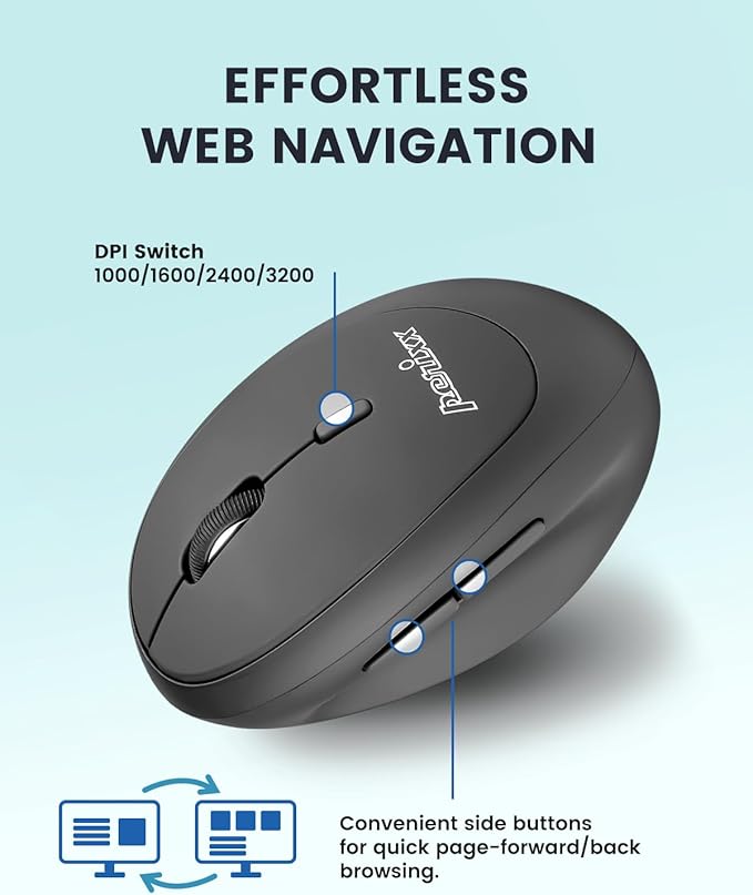 Perixx PERIMICE-719RX Wireless 2.4G Rechargeable Ergonomic Mouse - Duo Wired and Cordless Charging Feature - Wireless Charger Included - Black