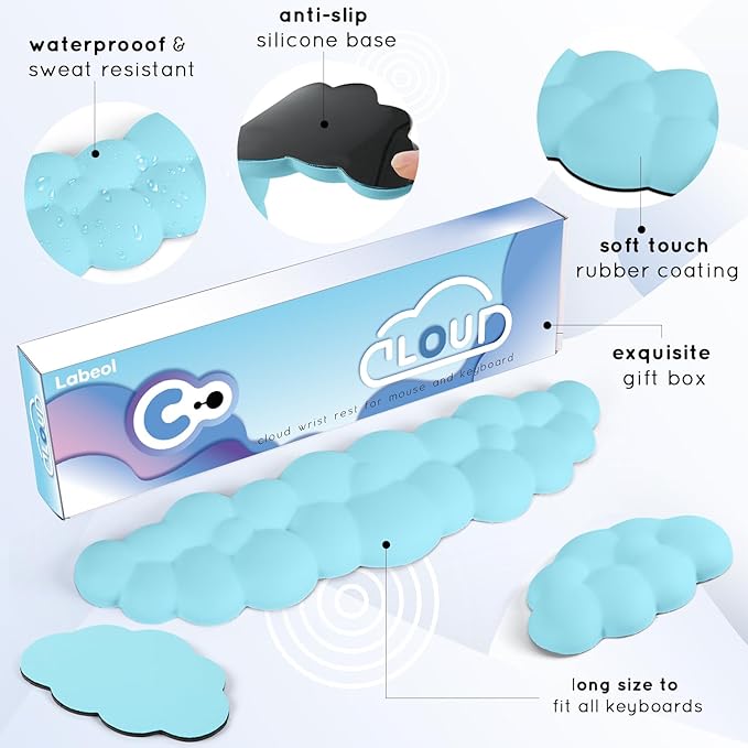 Cloud Wrist Rest for Computer Keyboard and Mouse - Ergonomic Memory Foam With Non-Slip Base - Extended Arm Support for Typing Pain Relief, Office, Gaming