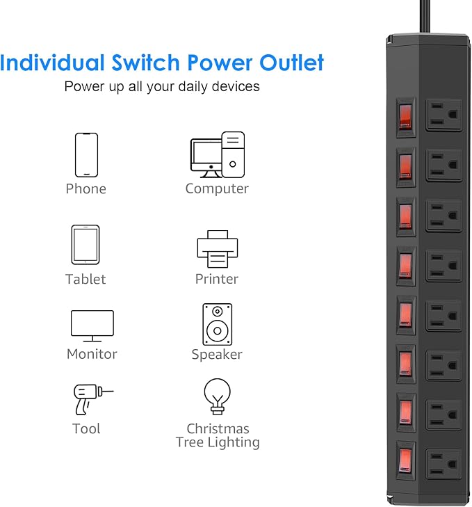 8 Outlet Heavy Duty Power Strip with 8 Individual Switches,Moutable Metal Power Strip Surge Protector 1200 Joules,6FT 14AWG Extension Cord,15A 1800W 125V 60Hz