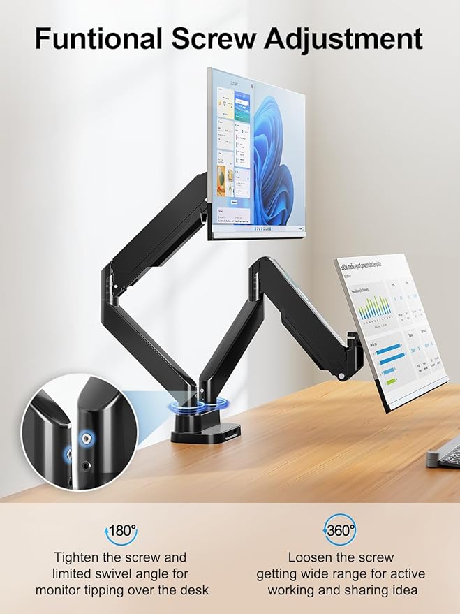 Dual Monitor Mount Fits Max 39" Computer Screen, Hold 4.4-33 lbs Each Ultrawide Desk Mount, Adjustable Gas Spring Double Monitor Arm, Monitor Stand for 2 Monitors with USB, VESA