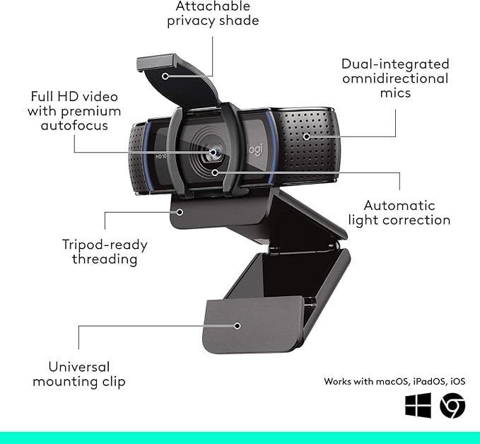 Logitech C920e HD 1080p Mic-Enabled Webcam, Certified for Zoom, Microsoft Teams Compatible, TAA Compliant