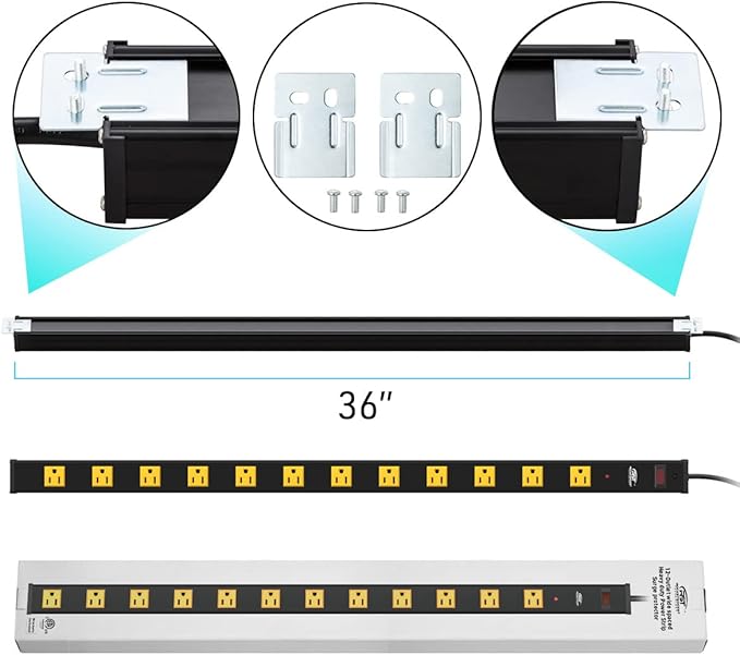 CRST 12-Outlet Metal Long Power Strip, Heavy Duty 1800 Joule Surge Protector Wall Mount Power Strip, 6FT Wide Spaced Workshop Garage Industrial Power Bar, 15A Circuit Breaker, ETL Listed