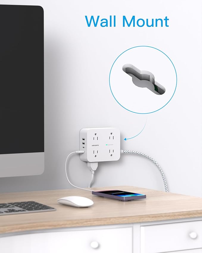 PD 30W USB C Power Strip Surge Protecor, HANYCONY 8 Outlets 4 USB(2 USB C Ports), 1080J Desk Charging Station for Multiple Devices, 6 Ft Flat Plug Extension Cord for College Dorm Room Essentials