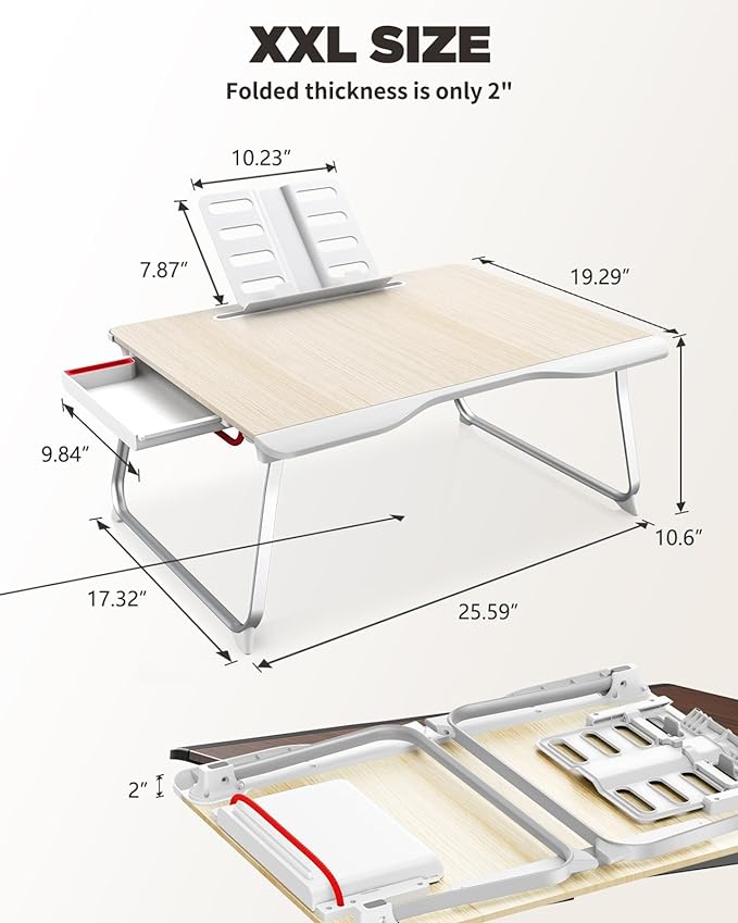 SAIJI Folding Bed Desk for Laptop, Eating Breakfast, Writing, Gaming, Extra Large 25.6" x 19.3" Portable Floor Stand Laptop Desk Table for Adult,Kids, Wood Bed Tray Table Lap Desk