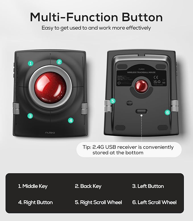 Nulea M512 Wireless Trackball Mouse, Ergonomic 55mm Trackball, 4 Level Adjustable DPI for Precise Control, Left or Right Hand Compatible, Rechargeable, Multi-Device Bluetooth & 2.4GHz for PC, Laptop