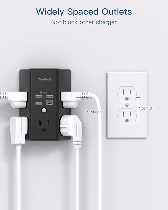 Surge Protector, 5 Outlets Extender with 4 USB Ports(USB C), 3-Side 1680J Power Strip Multi Plug Outlet Expander, USB Wall Charger, Outlet Splitter Adapter Wall Mount for Home Office ETL Listed(Black)