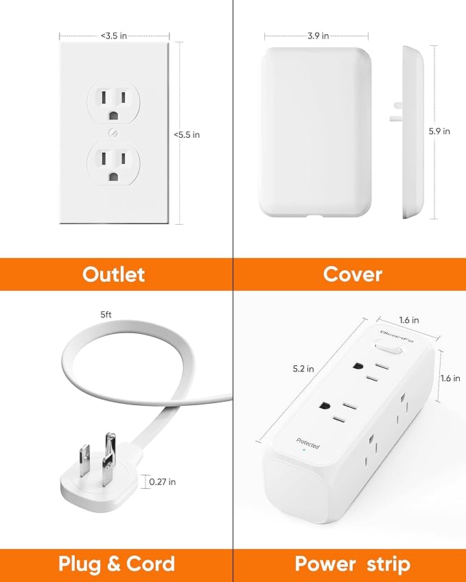 Flat Outlet Extender with Cover, Flat Plug Power Strip with 6 AC Outlets, 2000 Joules Surge Protector, 5FT Flat Extension Cord, Home Office Travel Dorm Room Essentials