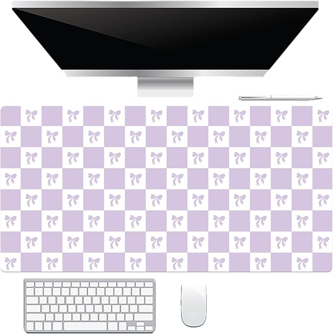 HVEST Purple Checkered Mouse Pad Cute Bow Desk Mat XXL Large Gaming Mouse Pad for Computer Keyboard Laptop, Mousepad with Stitched Edges, Home Office Desk Accessories for Girl Women 31.5'' x 15.7''