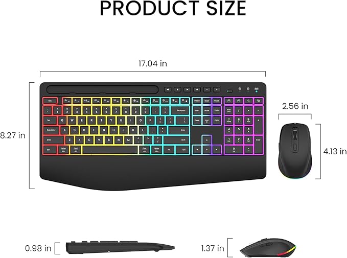 Wireless Keyboard and Mouse Combo - Dual System RGB Backlit Mouse and Keyboard,2.4G Rechargeable,Full-Sized Ergonomic Silent Design with Phone Holder for Windows Mac PC Laptop (Black-V1)