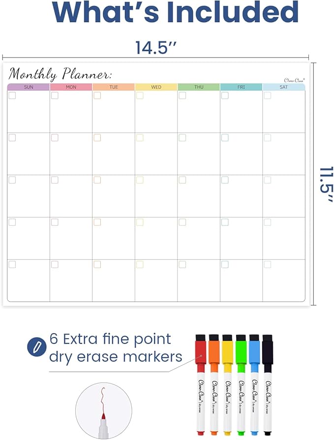 Non-Magnetic Dry Erase Calendar for Fridge - Reusable Monthly Calendar Sticks to Most Smooth Surfaces - 6 Dry Erase Markers Included - Shipped Flat