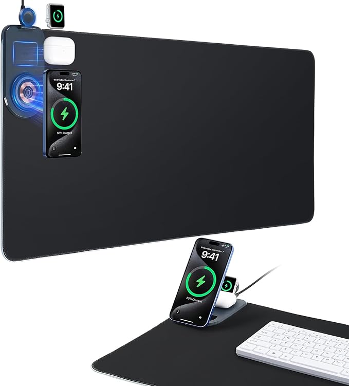ELUTENG Mouse Pad with Phone Holder 4in1 Wireless Charging Desk Mat RGB Ultra-Smooth Gaming Mousepad Waterproof Home Office Large Desk Pad 31.5"x11.81" Large Desk Pad Non-Slip Base Keyboard Pad
