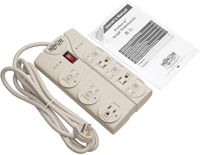 Eaton Tripp Lite Series TLP808 8 Outlet Surge Protector Power Strip with Flat Plug, 1440 Joule Rating, White, UL Listed & Certified, 8ft Extension Cord with Multiple Outlets for Home Office