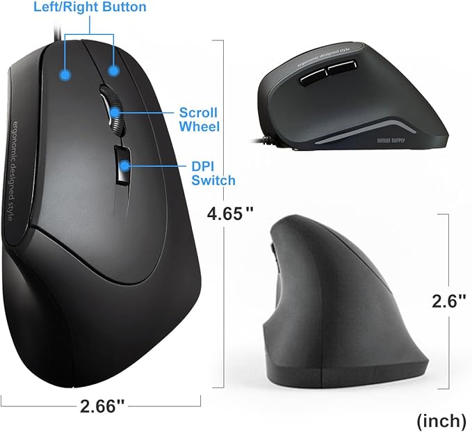 SANWA Wired Ergonomic Mouse, Silent Click, Vertical Computer Mice, 3 Programmable Buttons, Optical Ergo Mouse, Reduce Wrist Strain, 1000/1600 DPI, Compatible wtih Mac, Windows, Laptop, PC