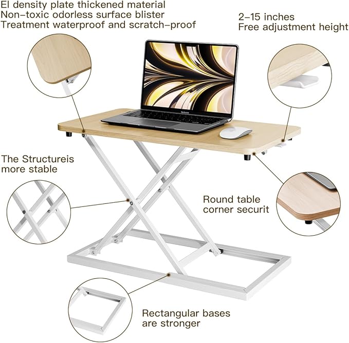 Omhuzsyo standing desk converter Stand up office desk riser on the desktop is suitable for use in laptops and single monitor work consoles, home offices, and can be adjusted in height(Log Color)