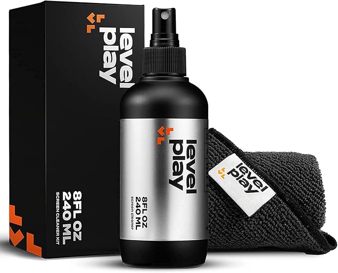 Levelplay Screen Cleaner Kit – Fingerprint-Resistant Touchscreen, Monitor & Lens Cleaner, Alcohol- and Ammonia-Free, Washable Microfiber Wipe (Large), 240 mL (8.1 fl oz) Spray Bottle