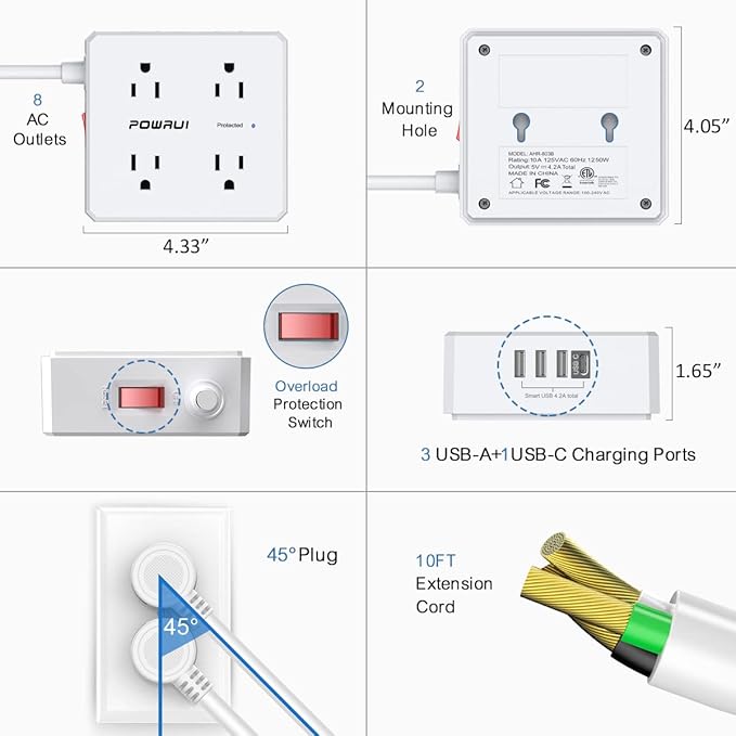10Ft Surge Protector Power Strip - Flat Plug Extension Cord with 8 Widely Outlets and 4 USB Ports(1 USB C), 3 Side Outlet Extender for Home Office Dorm Room Essentials, White,ETL Listed