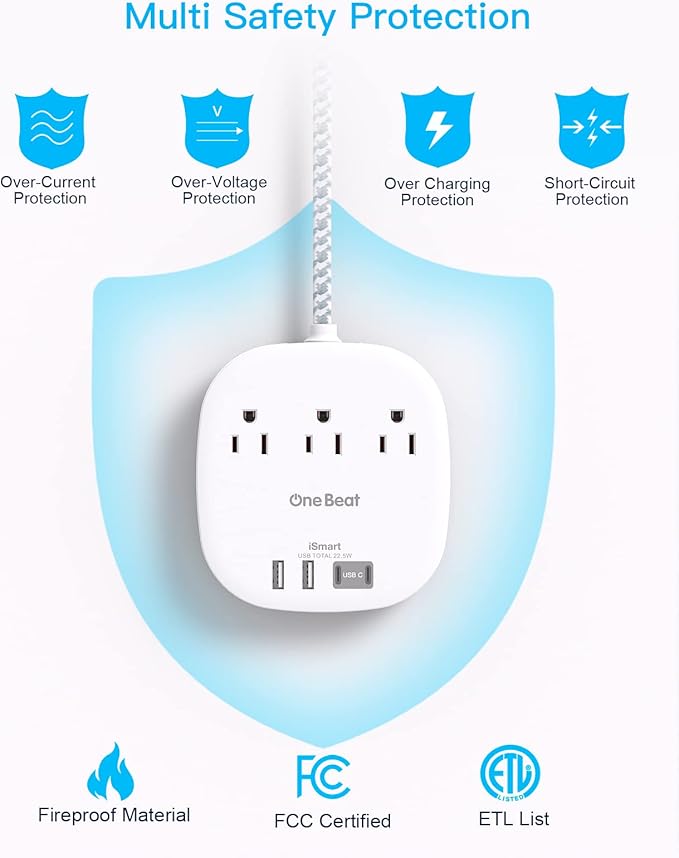 10Ft Flat Plug Power Strip, Ultra Thin Extension Cord - 3 Outlets 4 USB Ports (2 USB C) Desktop Charging Station, Cruise Ship Power Strip with No Surge Protection for Travel, Dorm Room Essentials