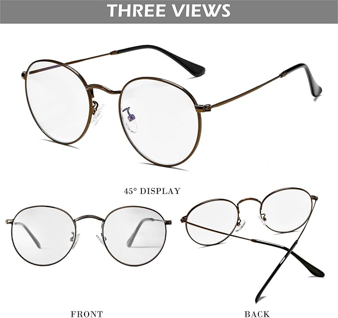 HJSTES Round Blue Light Glasses for Women Men Retro Circle Clear Lens Metal Frame Eyeglasses