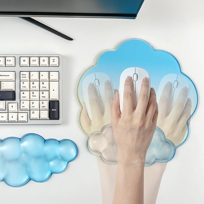 Keyboard Wrist Rest with Cloud Mouse Pad - Gradient Blue Ergonomic Cloud Mouse Pad with Non-Slip Base, Cute Office Accessories for Desktop/Latop/Home/Office