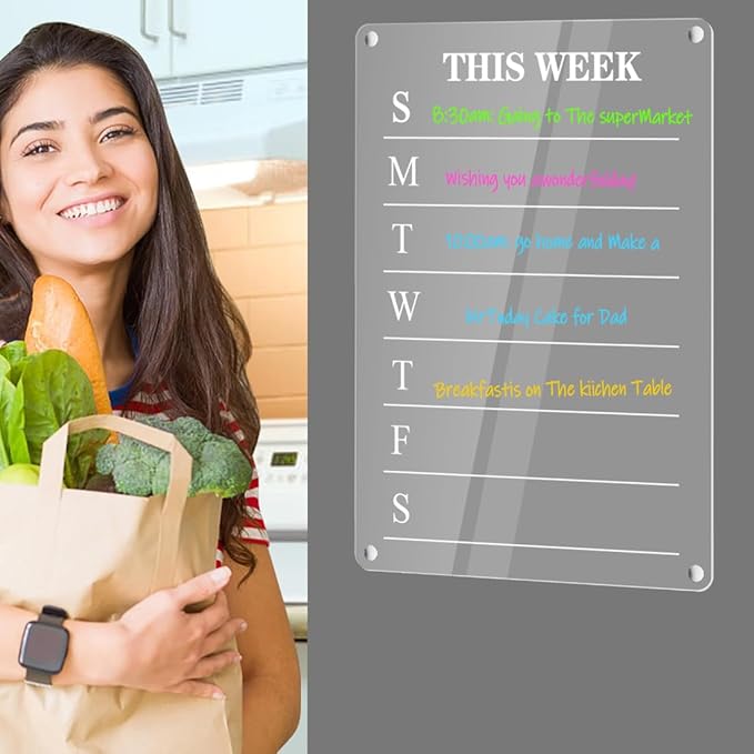 Acrylic Magnetic Calendar for Fridge Dry Erase Board Calendars Weekly Planner Whiteboard for Refrigerator Magnetic WhiteBoard with 8 Colors Markers 12'' x 8''