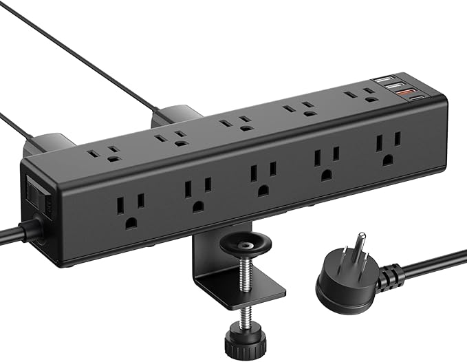 CCCEI Standing Desk Clamp Power Strip with 15 Outlets, Black Desktop Edge Mount Surge Protector Outlet, Fast Charging USB-A and 65W USB-C Ports, 6 FT Flat Plug, Black Fit 1.6 inch Table top.