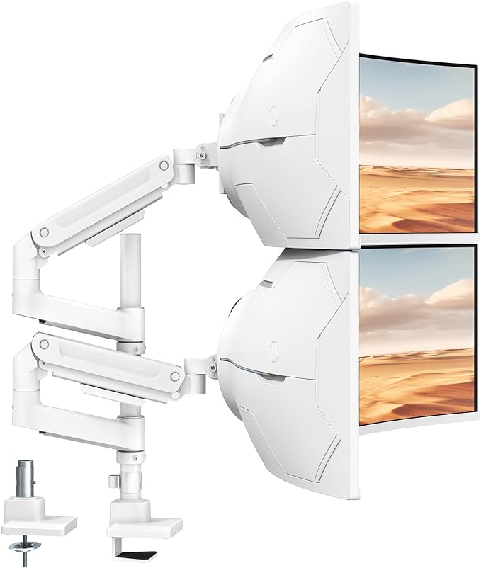 Dual Monitor-Arm Heavy-Duty for 17-49-inch Screens - Vertical Stacked Dual Monitor Mount Stand for Ultrawide Screens up to 44lbs, Aluminum,Full Motion, VESA 75/100 mm, White