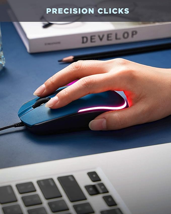 seenda Wired Mouse - USB Computer Mice Wired with RGB Backlit Optical LED Mouse with Attached USB Cord for Laptops Notebooks Chromebook - Blue & Black