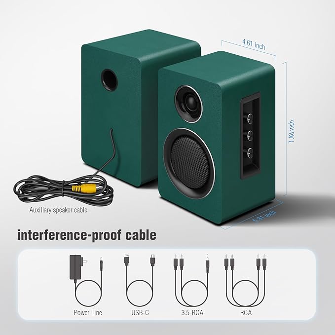 Computer Speakers for Desktop PC, Active Bookshelf Speaker with 3‘’ Carbon Fiber Woofer and Silk Film Tweeter ,Supports Bluetooth 5.3, USB-C, AUX/RCA Input for Record Player TV - Green Stereo Set