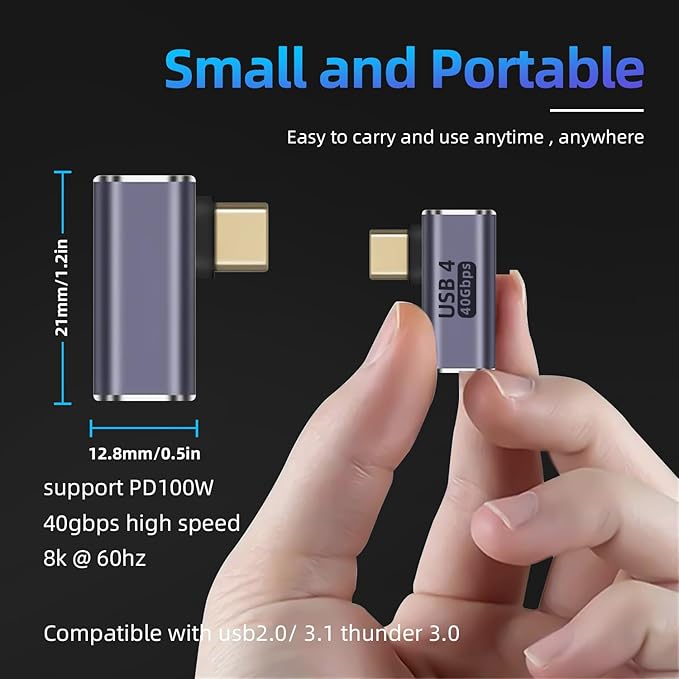 90°Right Angle USB C Male to USB C Female Adapter 2 Pack, 40Gbps USB Type C Thunderbolt 4/3 Extender for MacBook,iPad,Tablet,Phones