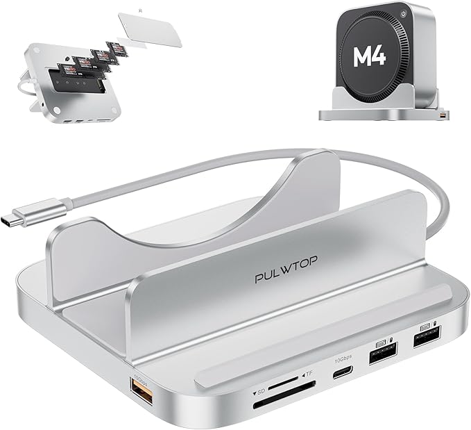 Mac mini M4 Dock with 4TB M.2 SSD Enclosure, 8-in-1 Aluminum Vertical USB-C Hub for Mac mini M4 Pro Hub Stand with USB-A/C 3.2 10Gbps, 2xUSB-A 2.0, 3.5mm Audio, SD/TF (SSD NOT Included)