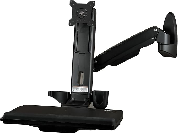 StarTech.com Wall Mount Workstation - Articulating Full Motion Standing Desk with Ergonomic Height Adjustable Monitor & Keyboard Tray Arm - Mouse & Scanner Holders - Single VESA Display, TAA