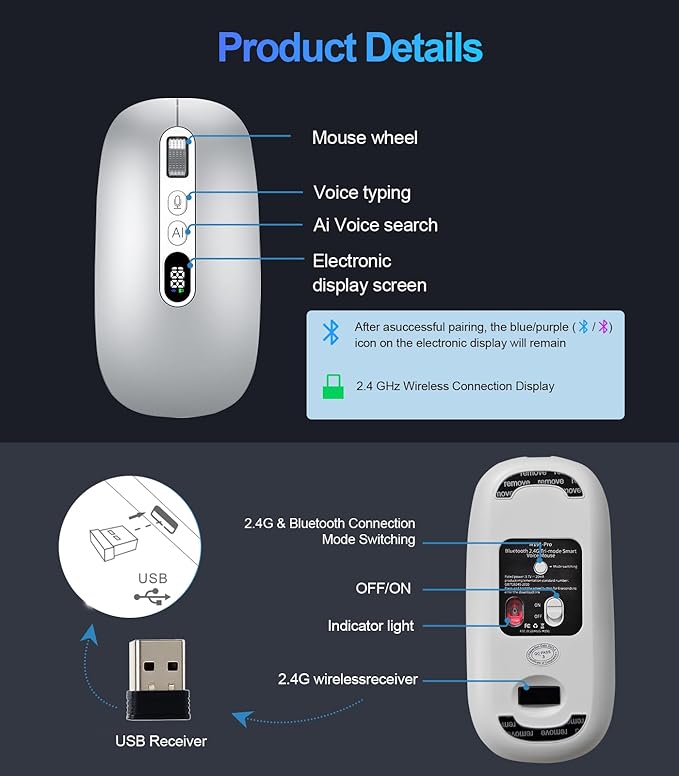 AI Wireless Mouse for Laptop PC- Enabled Bluetooth Mouse with Voice Recording & AI Summarize,Ergonomic Presenter Laser Pointer Remote,USB Rechargeable High-Performance Office Device