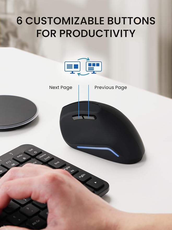 Perixx PERIMICE-715R Wireless Rechargeable Vertical Mouse - Duo Wired and Wireless Charging Feature - 6 Buttons Design - Black - Right-Handed Design