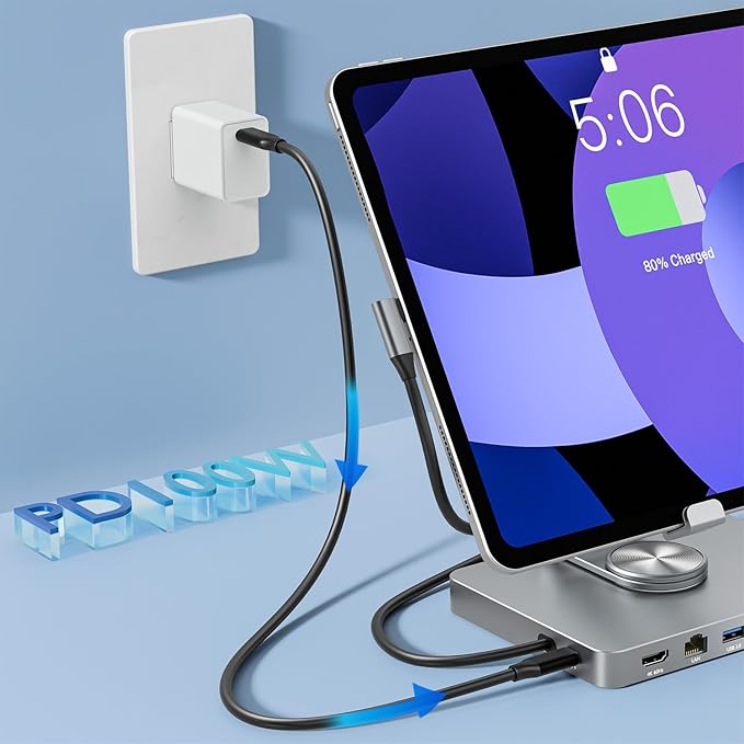 iPad Pro USB C Hub Stand,10 in 1 Rotatable Multiport Adapter for iPad M4 M3 M2 Inch Docking Station 4K 60Hz HDMI, PD, SD/TF Card Reader, USB 3.0, 3.5mm Audio, iPad Accessories for Home Office