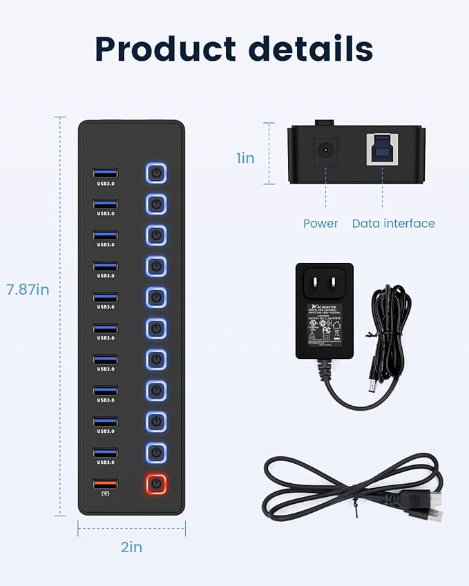 USB hub,Powered USB hub, 11-Port hub Splitter,10 USB 3.0 Data Transfer Port + 1 Smart Charging Port,Independent Switch (with LED Working Indicator) USB 3.0 Hub Powered with Power Adapter for Mac/PC