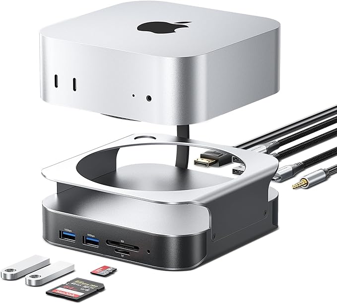 VENTION for Mac mini M4 Dock, 10 in 1 Aluminum Stand for M4/M4 Pro with M.2 NVMe SSD Enclosure, 4K@240HZ/144HZ USB A 3.2, 10Gbps Transfer, USB C Extender, SD/TF Reader, Silver