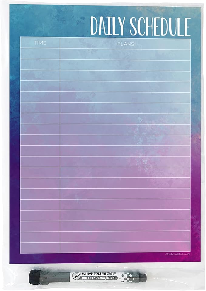 Dry Erase Daily Schedule Planner Sticker Decal by Glassboard Studio | Removable & Reusable | Magnetic Fine-Tip Marker Included (9 x 12 inches, Watercolor)