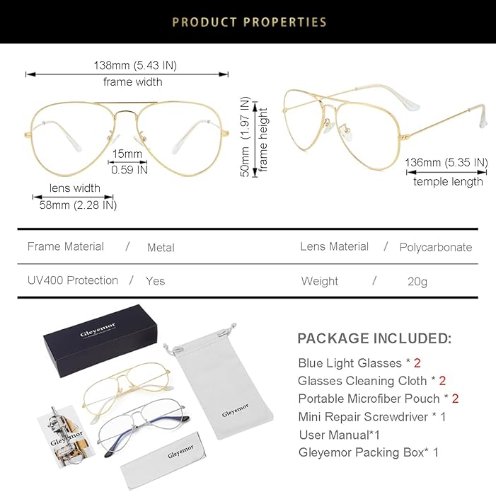 Gleyemor Blue Light Aviator Glasses for Women Men, Metal Frame Anti Blue Light Lens Computer Glasses