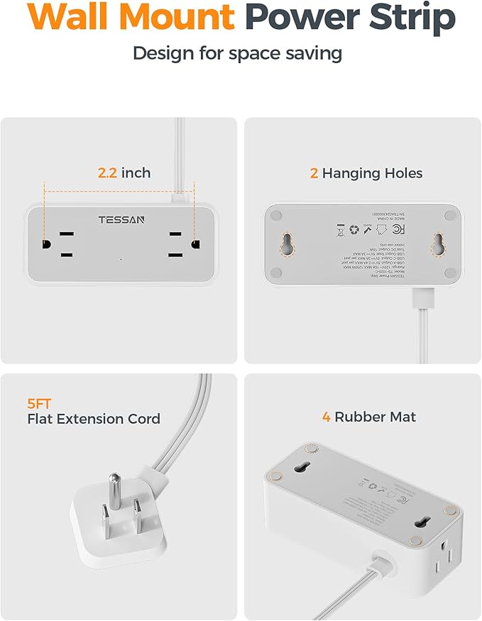 TESSAN Flat Plug Extension Cord 5 FT, Surge Protector Power Strip with 4 AC Outlets 1 USB C and 2 USB A Ports, 900 Joules Protection, 1250W, Multiple Wall Outlet Extender Suitable for Home Office Dorm