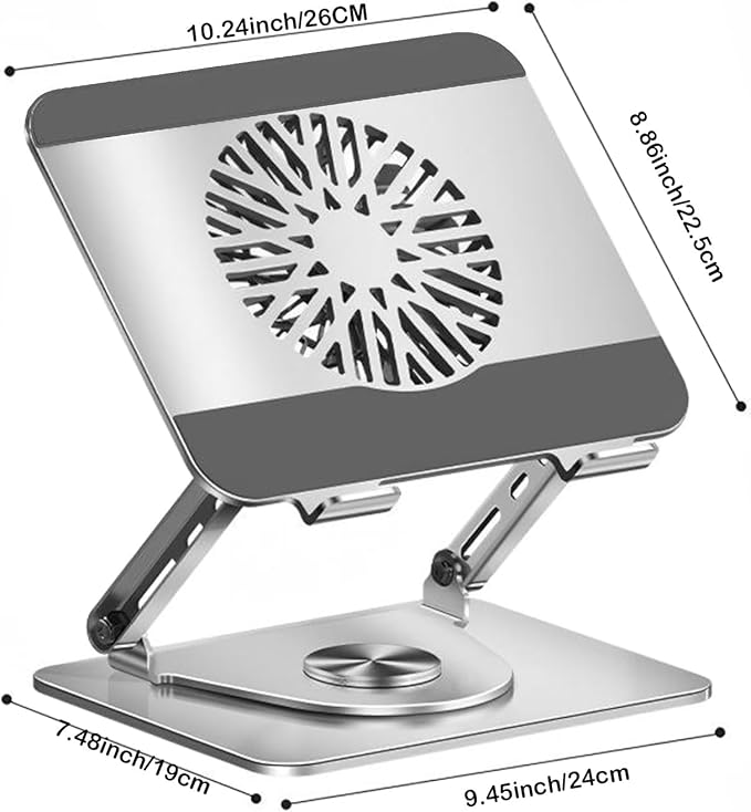360° Rotating Adjustable Laptop Stand with Cooling Fan, Foldable Dual-Bar Support Height Tilt Angle Cooling Laptop Stand for Desk Pad Laptop Riser Heat Dissipation Stand Fit 10-17.3" Device