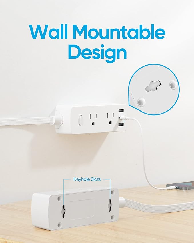 Flat Extension Cord 20ft, Olcorife Flat Plug Power Strip with 6 Outlets 3 USB Ports(1 USB C), 3-Side Outlet Extender Surge Protector for Home Office Dorm Room Essentials, White