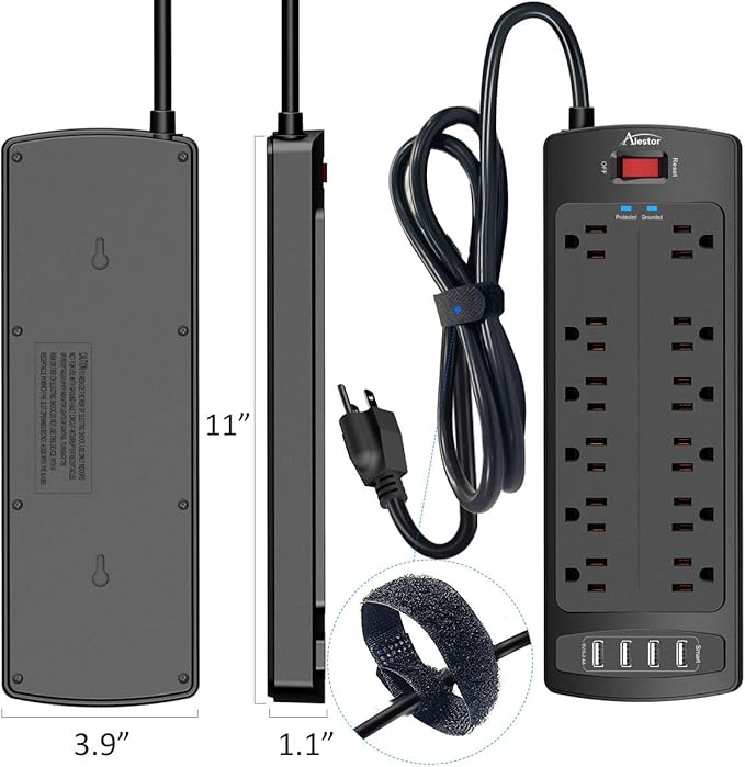 Power Strip, ALESTOR Surge Protector with 12 Outlets and 4 USB Ports, 6 Feet Extension Cord (1875W/15A), 2700 Joules, ETL Listed, Black