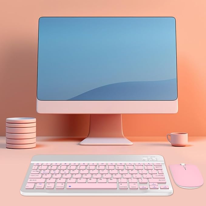 Rechargeable Bluetooth Keyboard and Mouse Combo, Universal Ultra-Slim Wireless Keyboard Mouse Set for Android Windows iPad iPhone Samsung Tablet Portable Compact Keyboard Set (Pink)