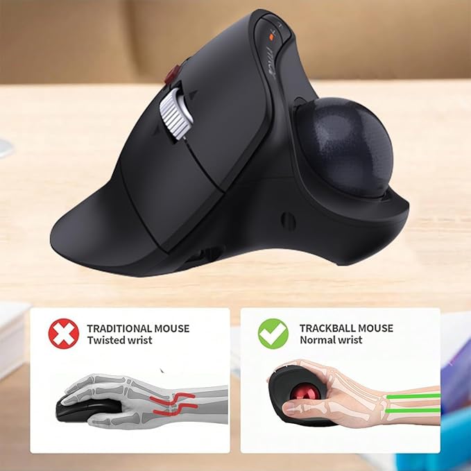 JOMAA Wireless Vertical Trackball Mouse - Ergonomic Design, 3-Device Switching, 2.4G/Bluetooth 5.0, Rechargeable Type-C, Adjustable DPI, Compatible with Windows/macOS/iOS/Android (Black)