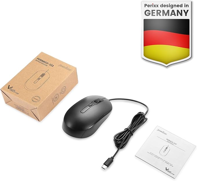 Perixx PERIMICE-222C USB Type C Wired Optical Mouse, 5.9 Ft Cable, Adjustable 1200/1600/2000 DPI, Silent Click, Ambidextrous, Black
