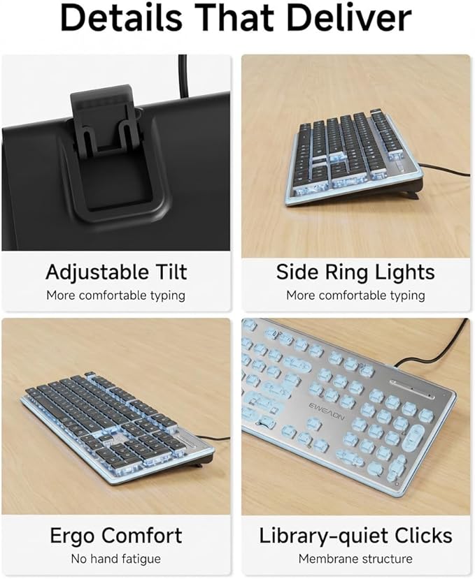 EWEADN GX710S Backlit Computer Keyboards, Wired USB Keyboard with Blue Backlit, Metal Panel, Plug and Play, Pudding Keycaps Full Size Quite Computer Keyboard for Win/PC/Laptop-Black