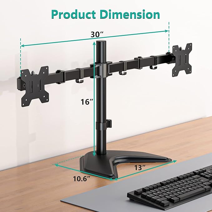 Free Standing Dual Monitor Stand for 13-27'' Screens, Dual Monitor Arms for 2 Monitors up to 22 lbs, Adjustable Dual Monitors Mount with C-Clamp and Grommet, VESA 75/100mm, Black